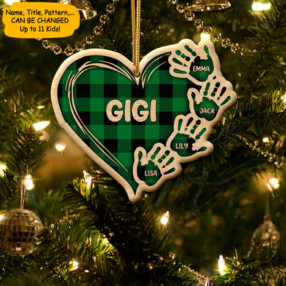 Personalized Green Hands Of Family Wood Heart Ornament