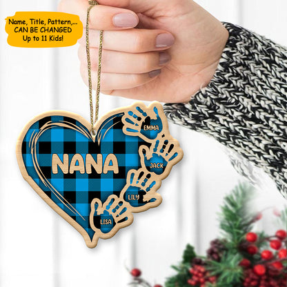Personalized Blue Hands Of Family Wood Heart Ornament