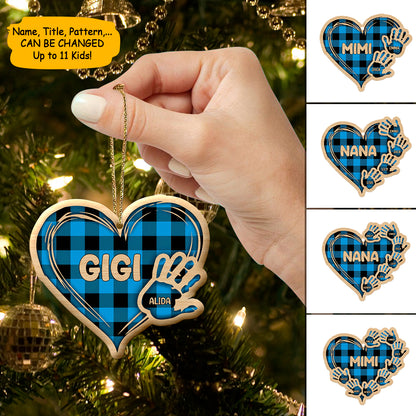 Personalized Blue Hands Of Family Wood Heart Ornament