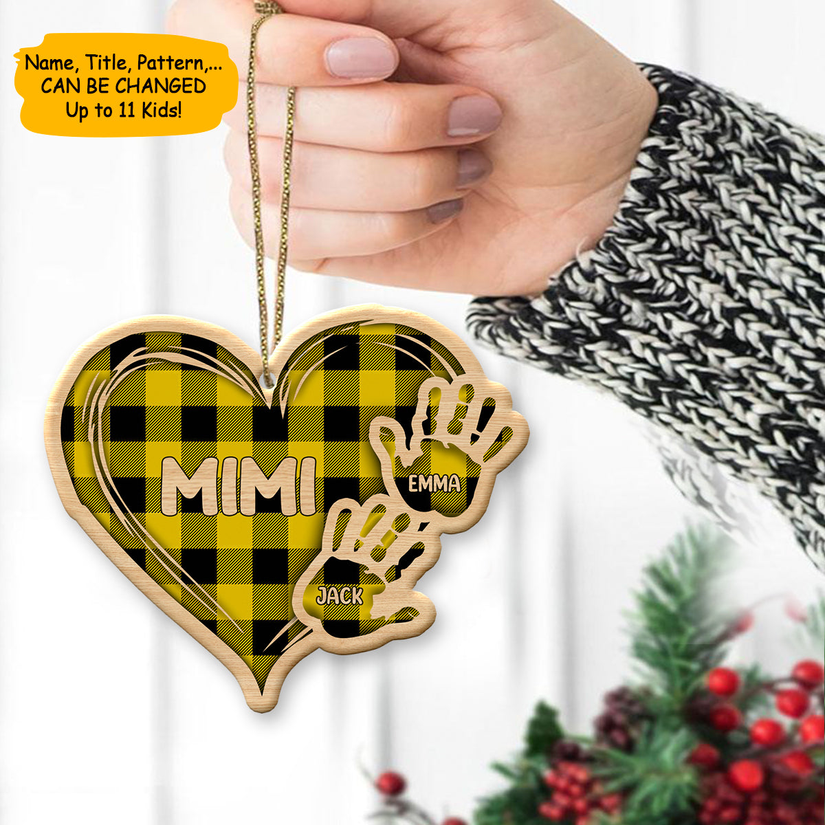 Personalized Yellow Hands Of Family Wood Heart Ornament