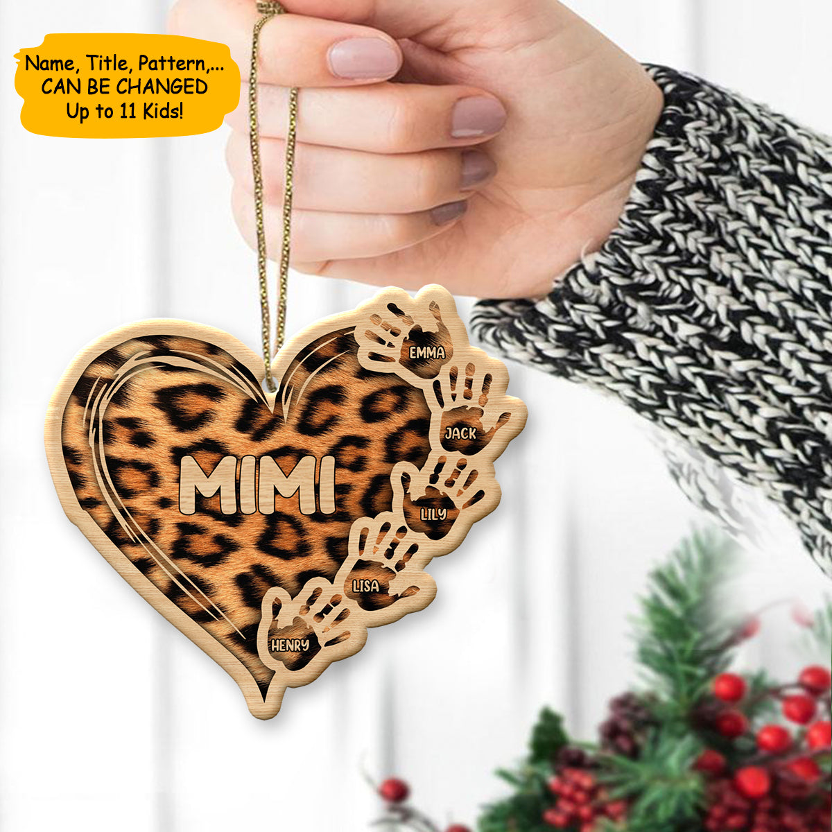Personalized Leopard Hands Of Family Wood Heart Ornament