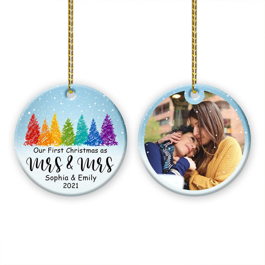 Personalized Our First Christmas As Mrs & Mrs Double Side Ceramic Circle Ornament