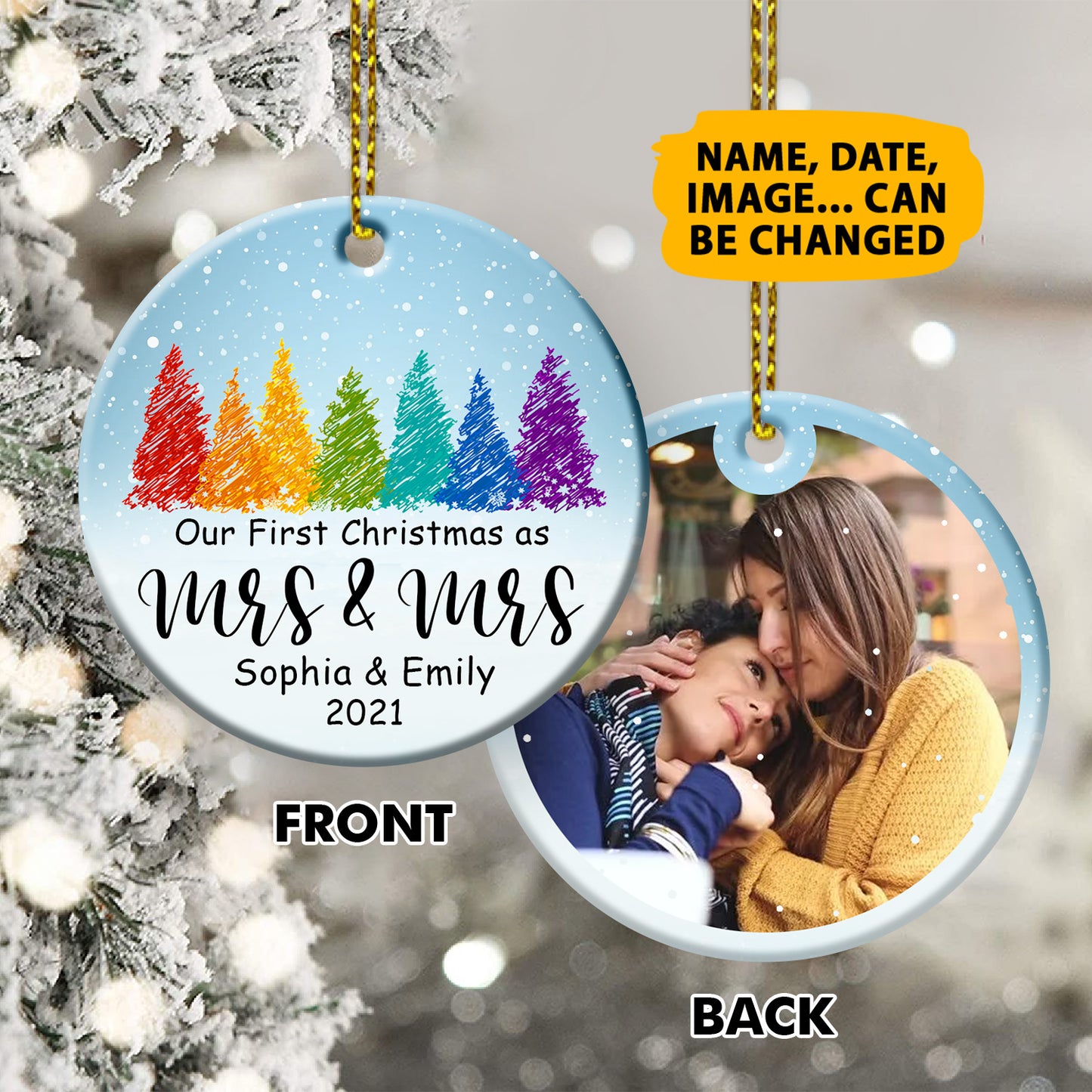 Personalized Our First Christmas As Mrs & Mrs Double Side Ceramic Circle Ornament