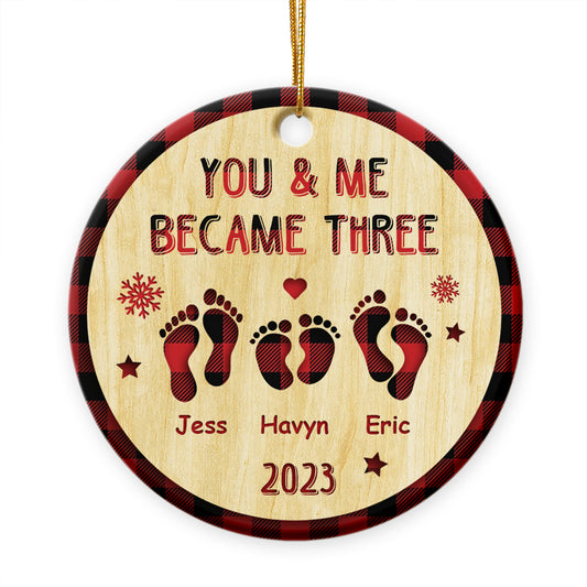 Custom 1st Christmas As Family Of 3 Ceramic Circle Ornament