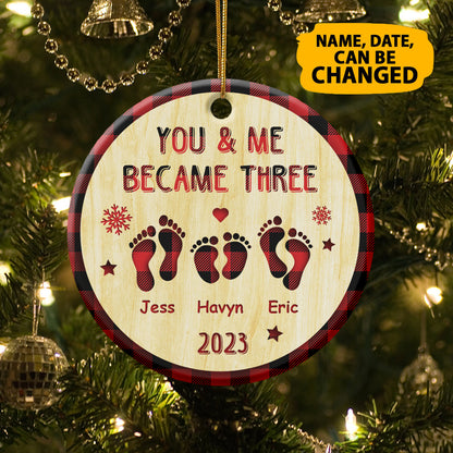 Custom 1st Christmas As Family Of 3 Ceramic Circle Ornament