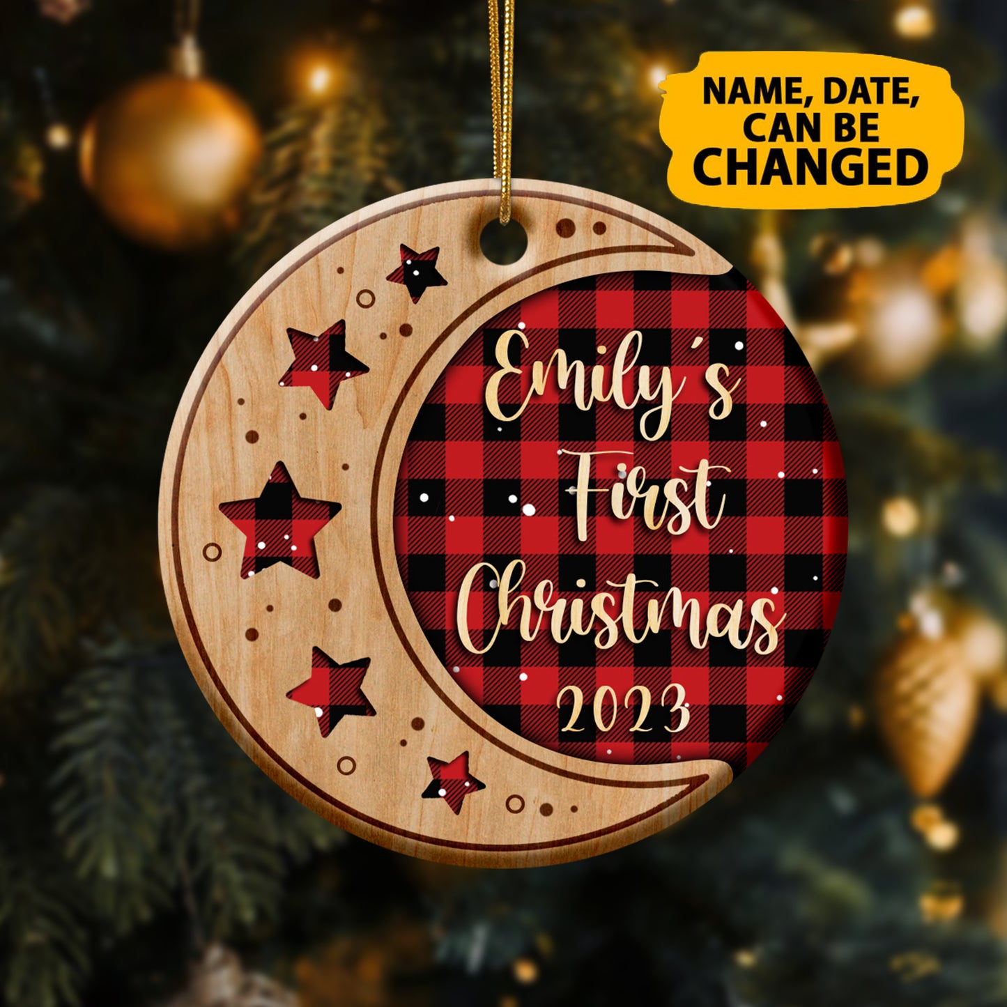 Personalized Baby's First Christmas Moon Ceramic Circle Ornament