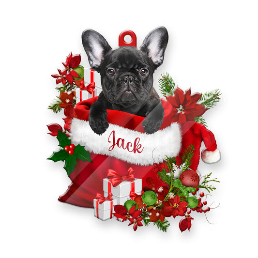 Personalized French Bulldog In Santa's Bag Christmas Acrylic Ornament