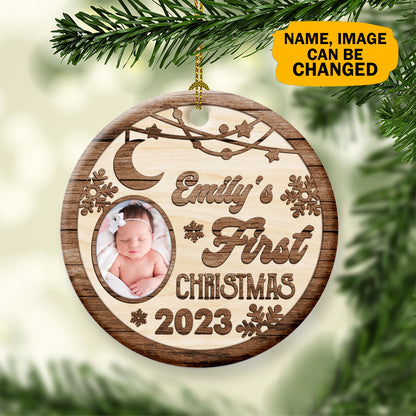 Personalized Baby's 1st Christmas Ceramic Circle Ornament with Picture Frame