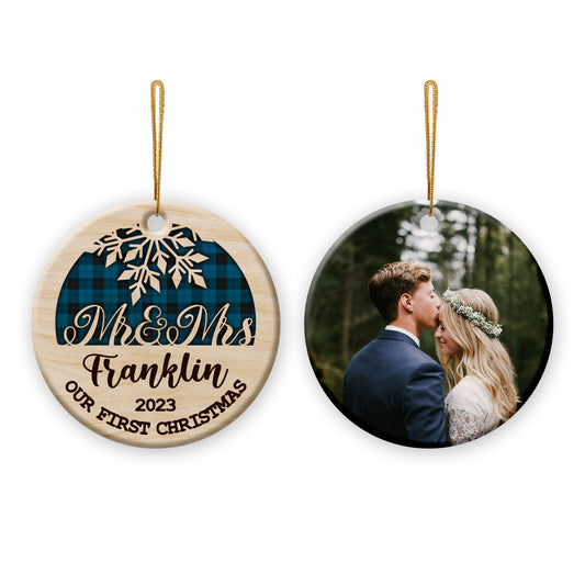 Personalized First Christmas Of New Married Couple Double Side Ceramic Circle Ornament
