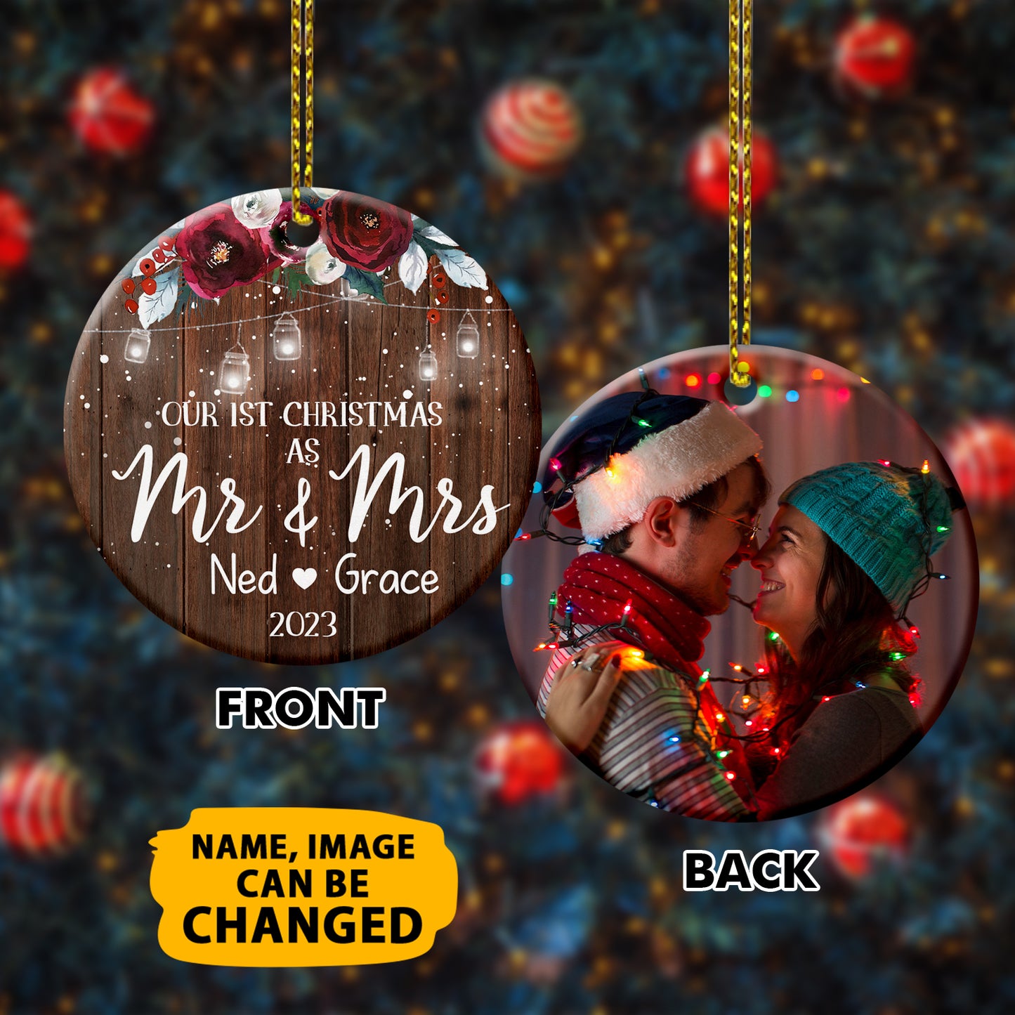 Personalized Our 1st Christmas As Mr & Mrs Double Side Ceramic Circle Ornament For New Married Couple