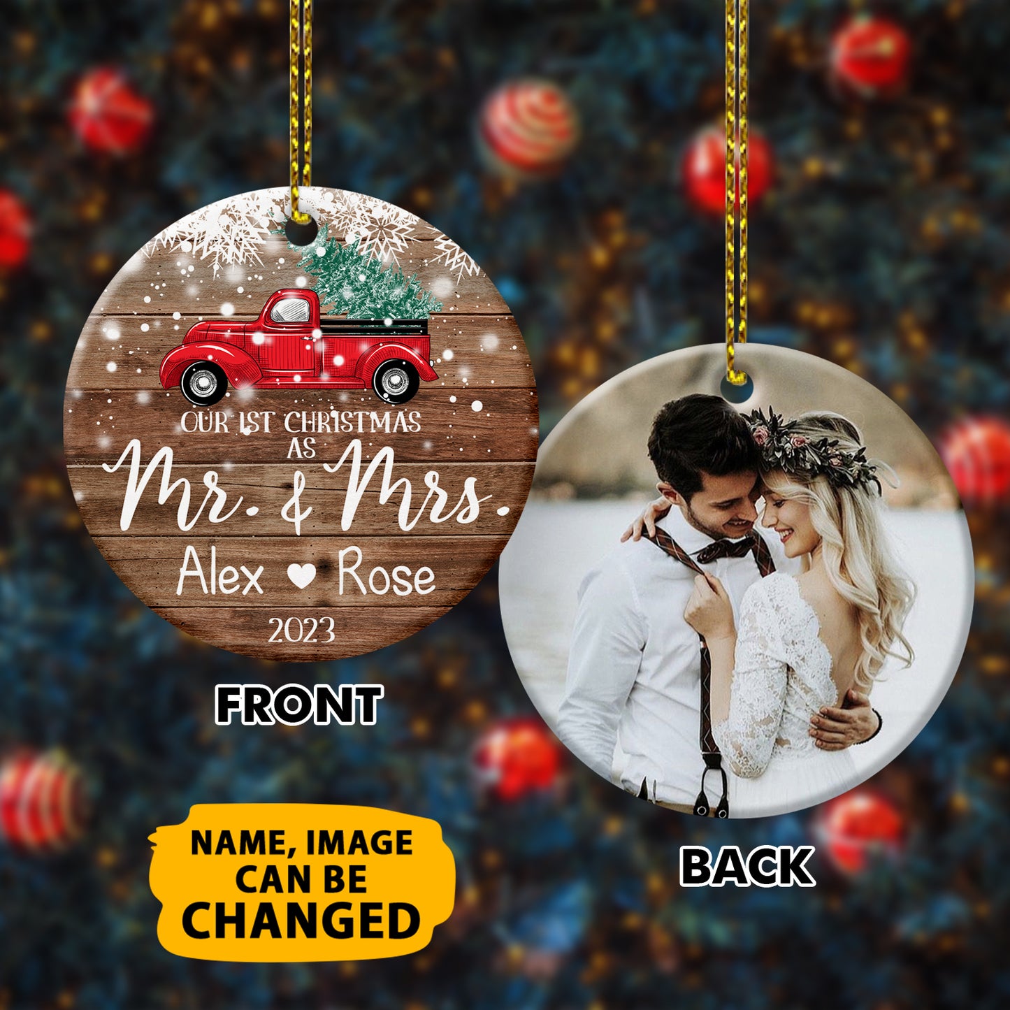 Personalized Our 1st Christmas Double Sided Printed Ceramic Circle Ornament For New Married Couple
