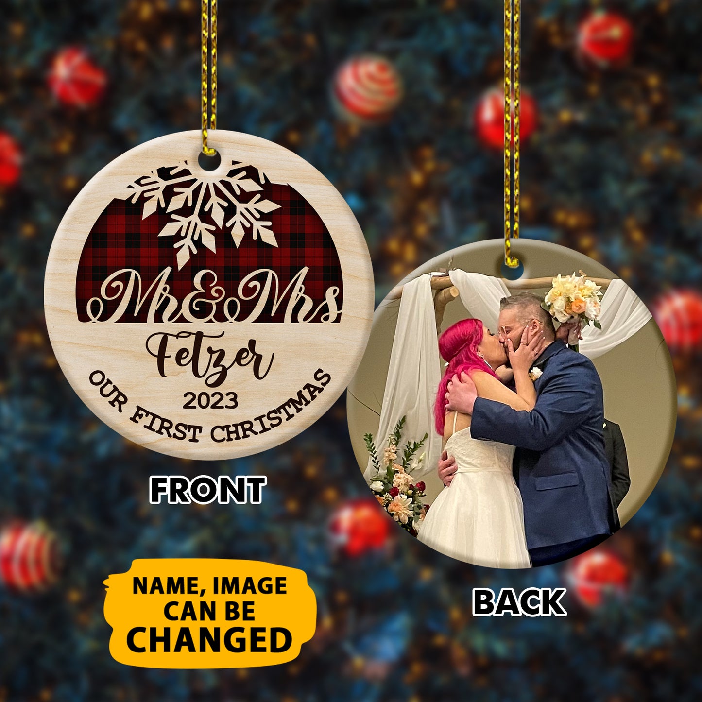 Personalized Our 1st Christmas Double Side Ceramic Circle Ornament For New Married Couple