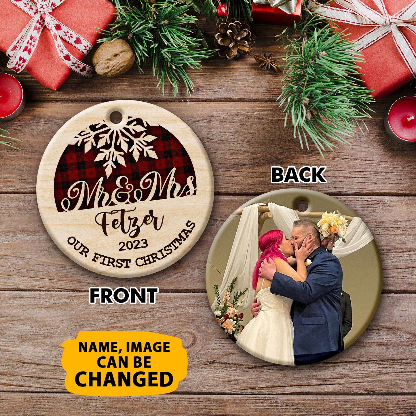 Personalized Our 1st Christmas Double Side Ceramic Circle Ornament For New Married Couple