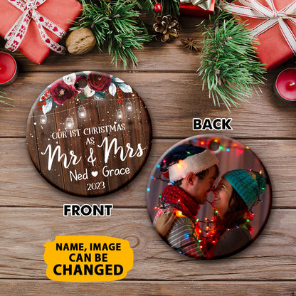Personalized Our 1st Christmas As Mr & Mrs Double Side Ceramic Circle Ornament For New Married Couple