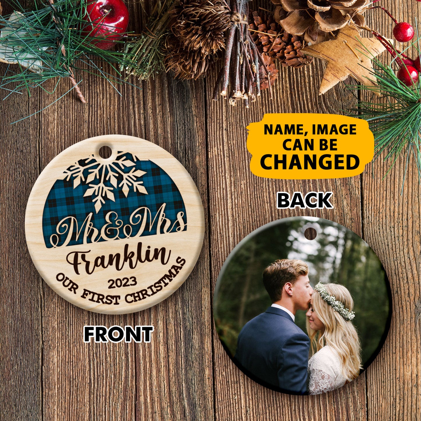 Personalized First Christmas Of New Married Couple Double Side Ceramic Circle Ornament