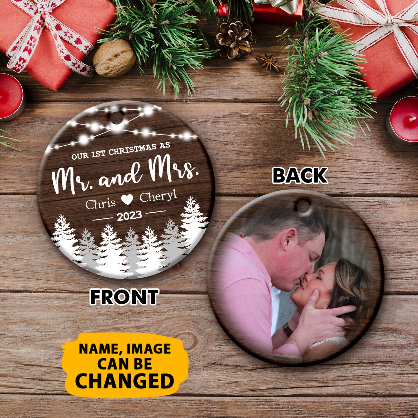Personalized New Married Couple Christmas Double Side Ceramic Circle Ornament