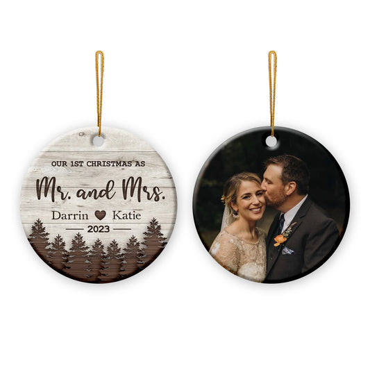 Personalized Our 1st Christmas As Mr & Mrs Double Side Ceramic Circle Ornament