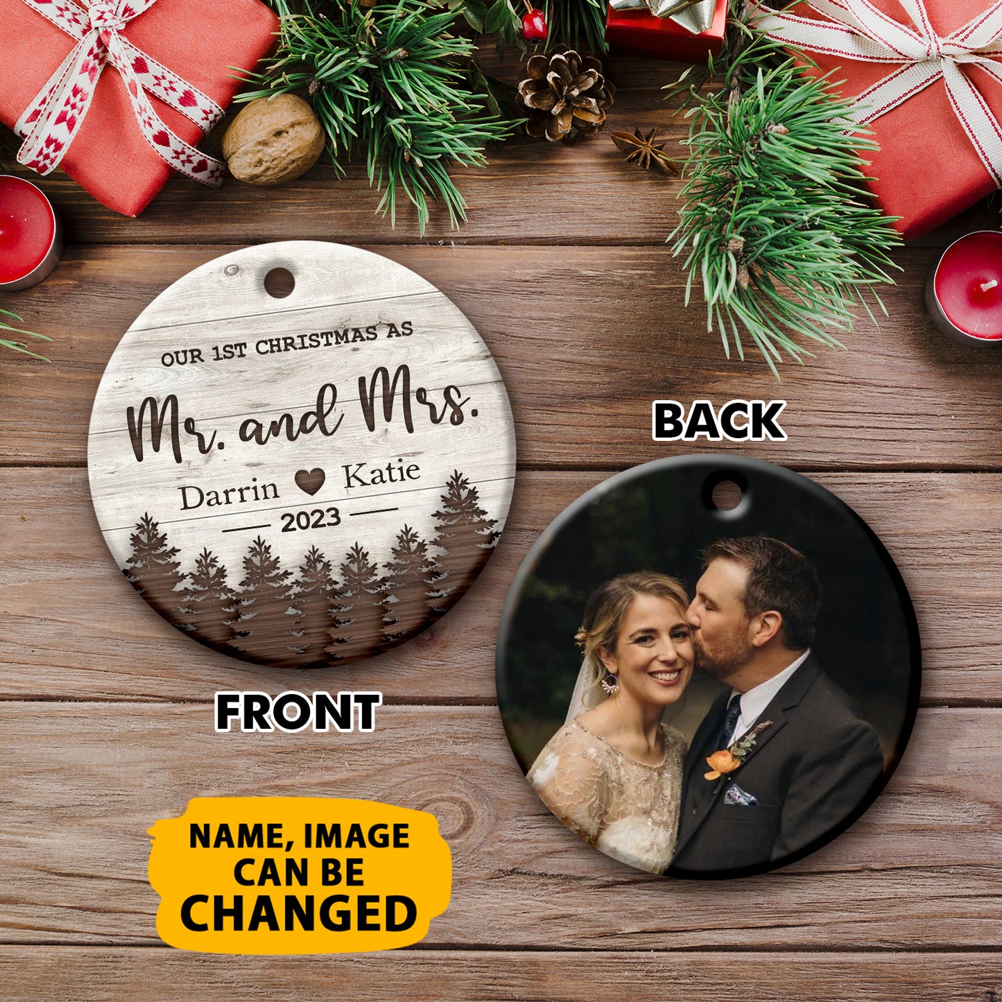 Personalized Our 1st Christmas As Mr & Mrs Double Side Ceramic Circle Ornament