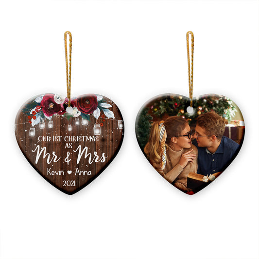 Personalized Our First Christmas As Mr & Mrs Double Side Ceramic Heart Ornament