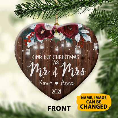 Personalized Our First Christmas As Mr & Mrs Double Side Ceramic Heart Ornament