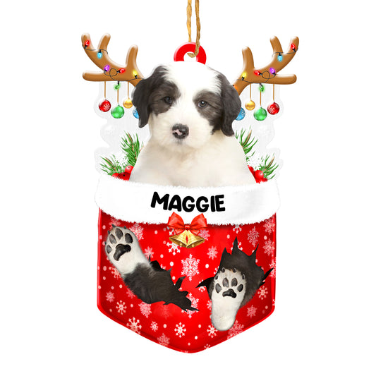 Personalized Old English Sheepdog In Snow Pocket Christmas Acrylic Ornament