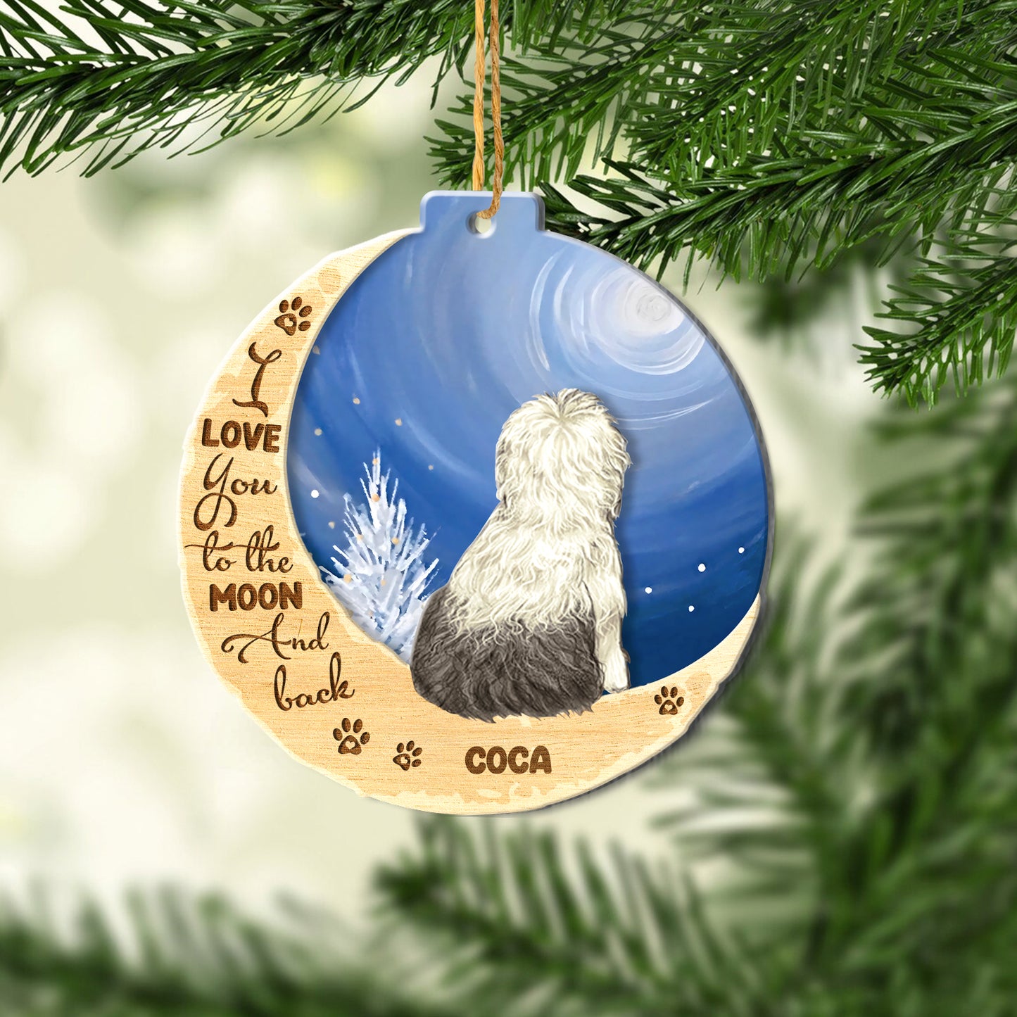Personalized Old English Sheepdog On Moon Aluminum Ornament