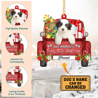 Personalized Old English Sheepdog Red Truck Christmas Aluminum Ornament