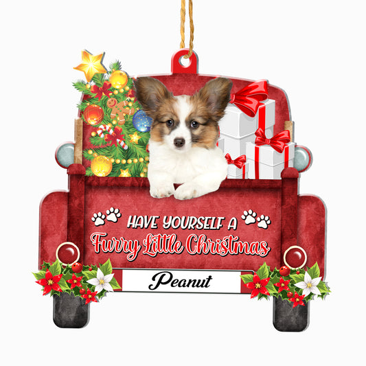 Personalized Papillon Red Truck Christmas Aluminum Ornament