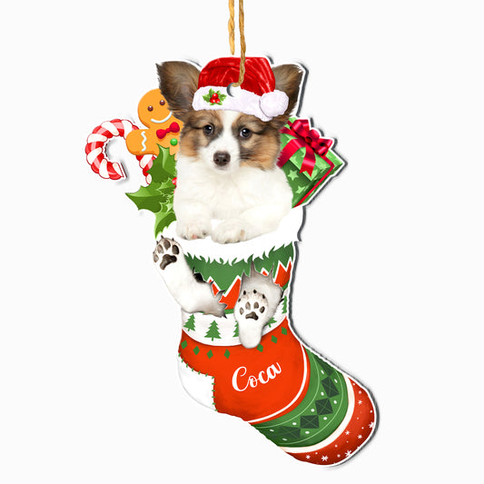 Personalized Papillon In Christmas Stocking Aluminum Ornament