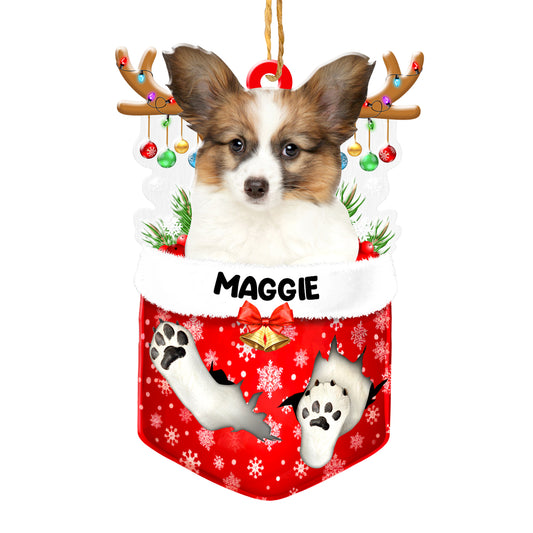Personalized Papillon In Snow Pocket Christmas Acrylic Ornament