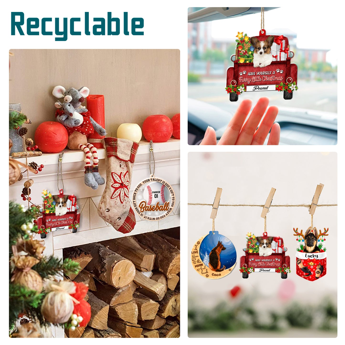Personalized Papillon Red Truck Christmas Aluminum Ornament