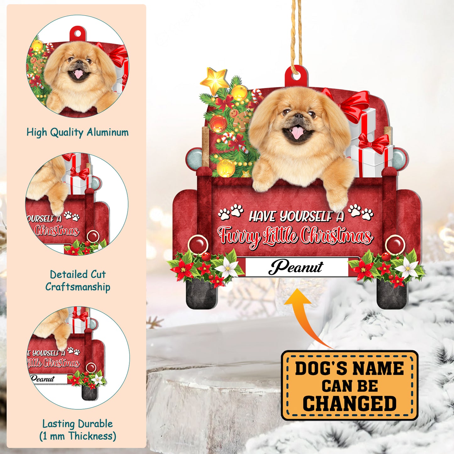 Personalized Pekingese Red Truck Christmas Aluminum Ornament