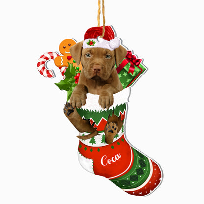 Personalized Pitbull In Christmas Stocking Aluminum Ornament