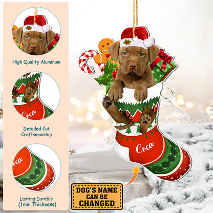 Personalized Pitbull In Christmas Stocking Aluminum Ornament