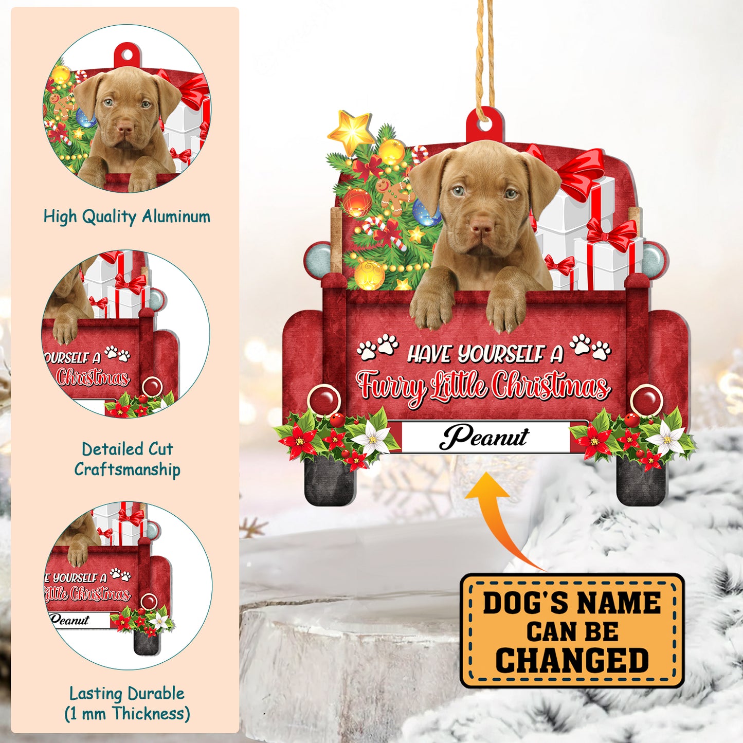 Personalized Pitbull Red Truck Christmas Aluminum Ornament