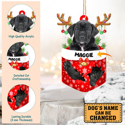 Personalized Black Pitbull  In Snow Pocket Christmas Acrylic Ornament