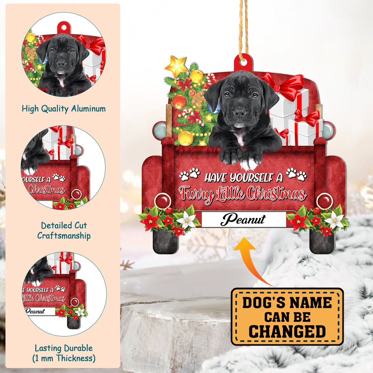 Personalized Black Pitbull Red Truck Christmas Aluminum Ornament
