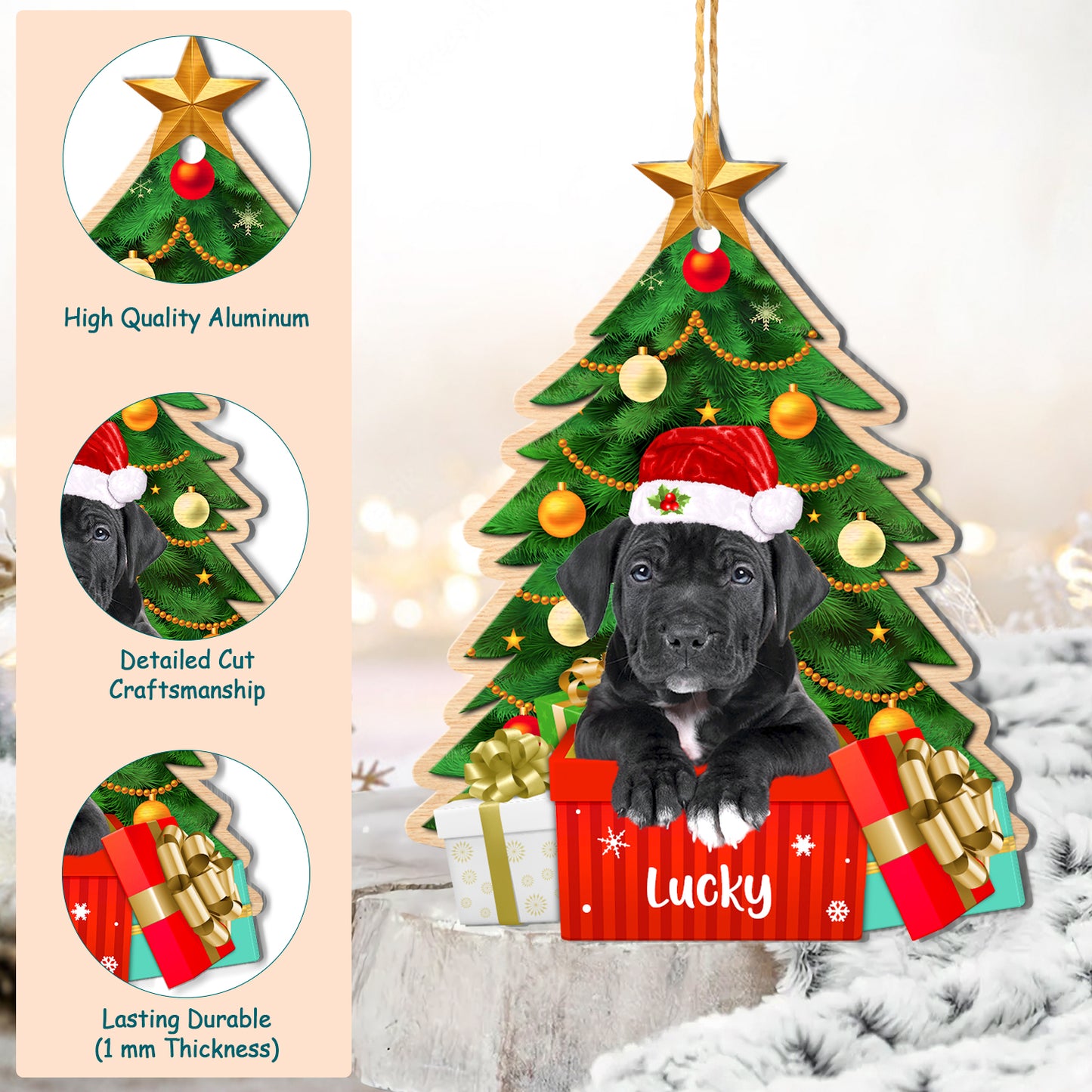 Personalized Black Pitbull Christmas Tree Aluminum Ornament