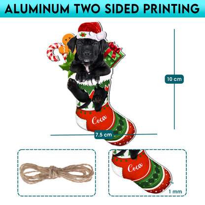 Personalized Black Pitbull  In Christmas Stocking Aluminum Ornament