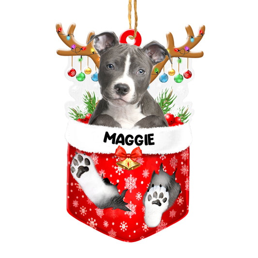 Personalized Grey Pitbull In Snow Pocket Christmas Acrylic Ornament
