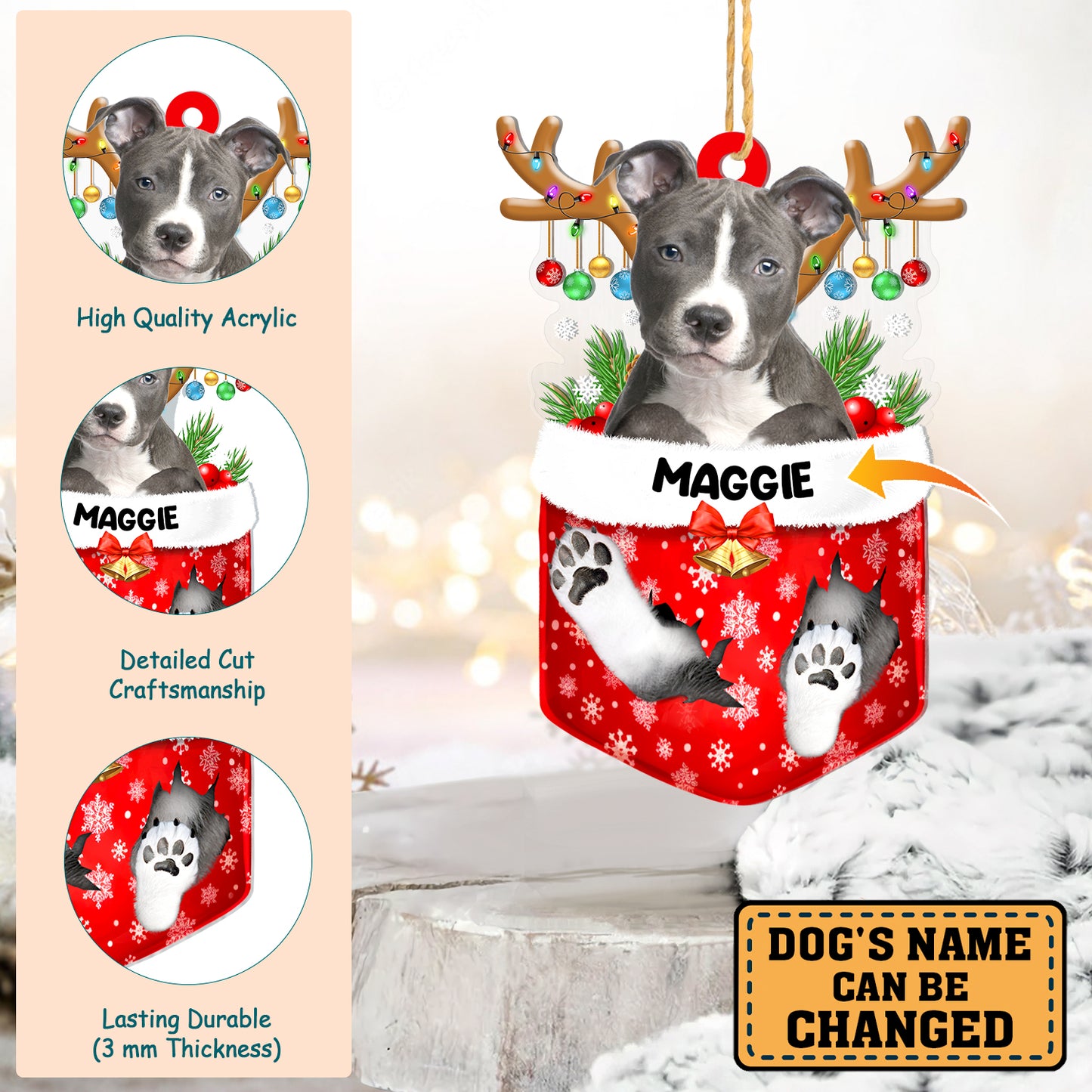 Personalized Grey Pitbull In Snow Pocket Christmas Acrylic Ornament