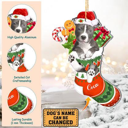 Personalized Grey Pitbull In Christmas Stocking Aluminum Ornament