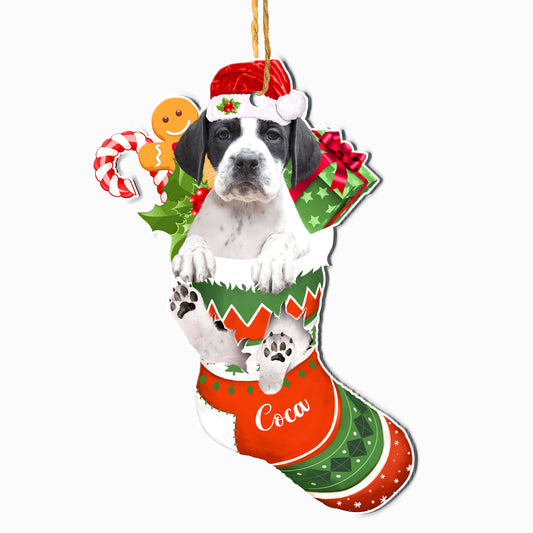Personalized Pointer In Christmas Stocking Aluminum Ornament
