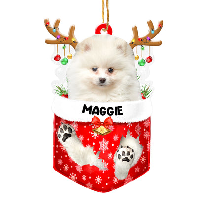 Personalized White Pomeranian In Snow Pocket Christmas Acrylic Ornament