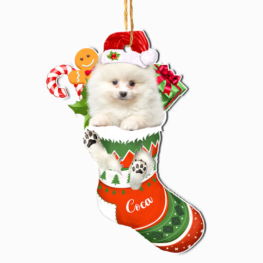 Personalized White Pomeranian In Christmas Stocking Aluminum Ornament