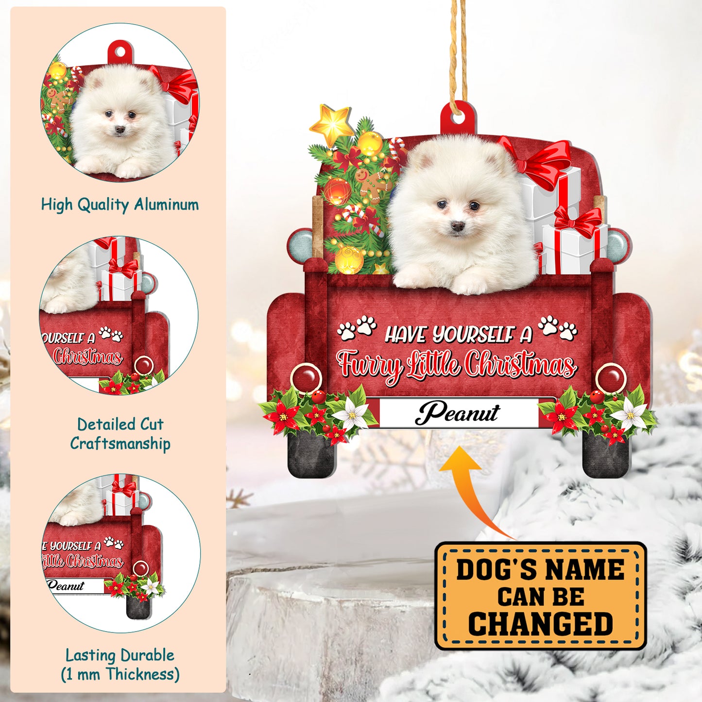 Personalized White Pomeranian Red Truck Christmas Aluminum Ornament
