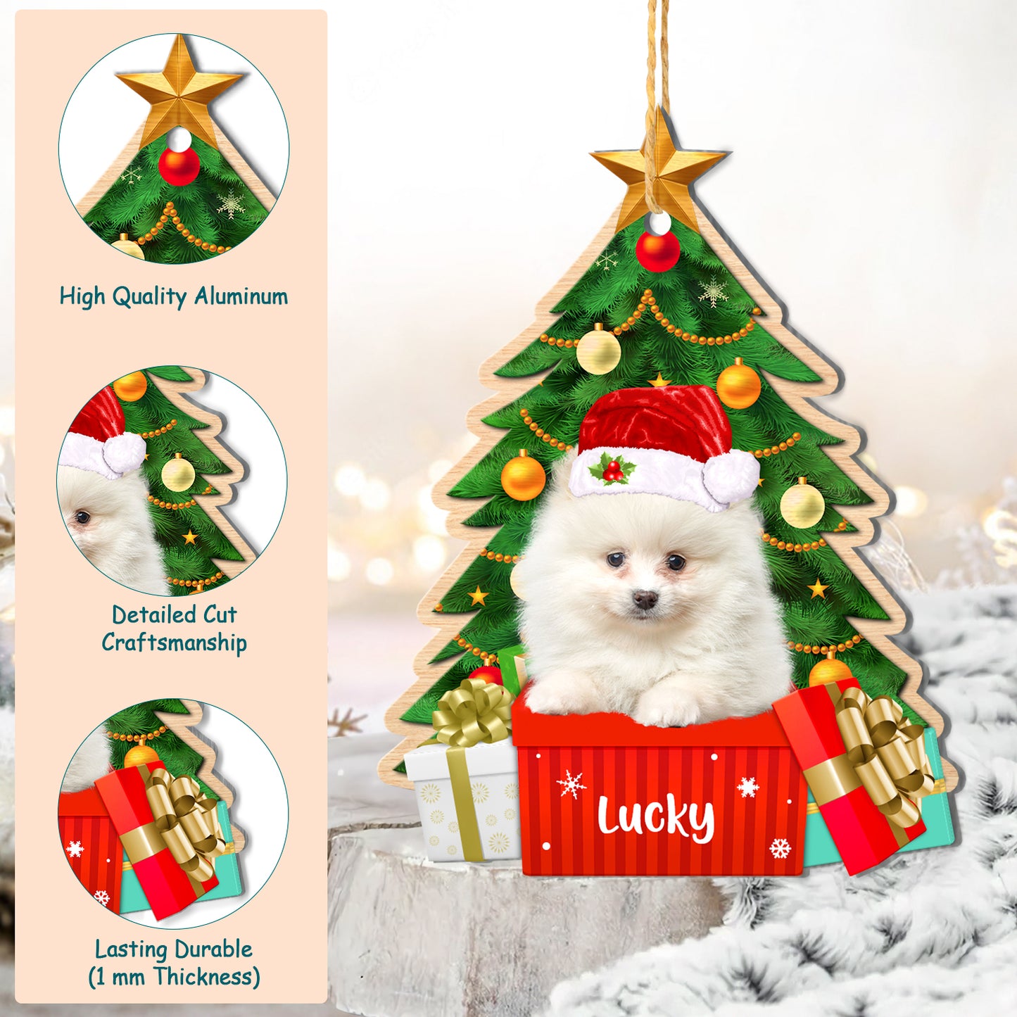 Personalized White Pomeranian Christmas Tree Aluminum Ornament