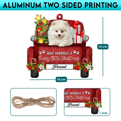 Personalized White Pomeranian Red Truck Christmas Aluminum Ornament