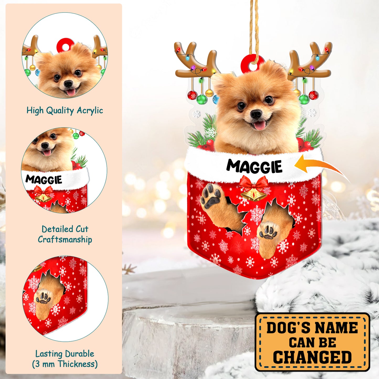 Personalized Pomeranian In Snow Pocket Christmas Acrylic Ornament
