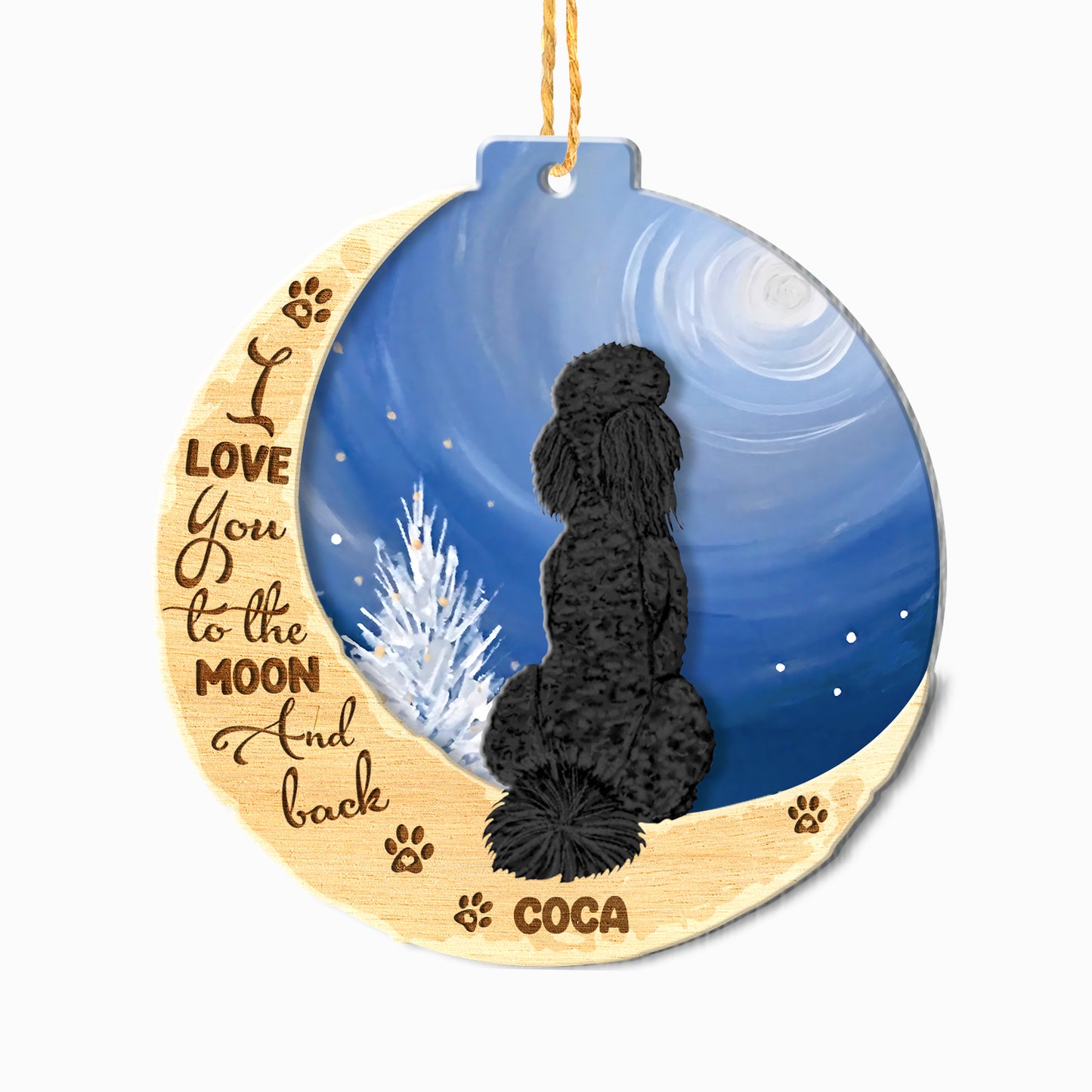Personalized Black Poodle On Moon Aluminum Ornament